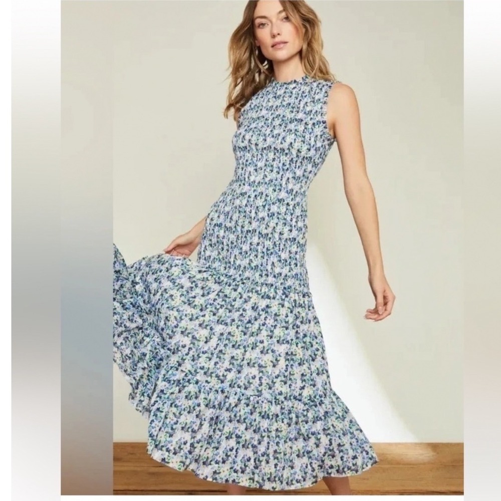 Veronica Beard Blue Verena floral smocking drop waist midi dress Sz 4 excellent